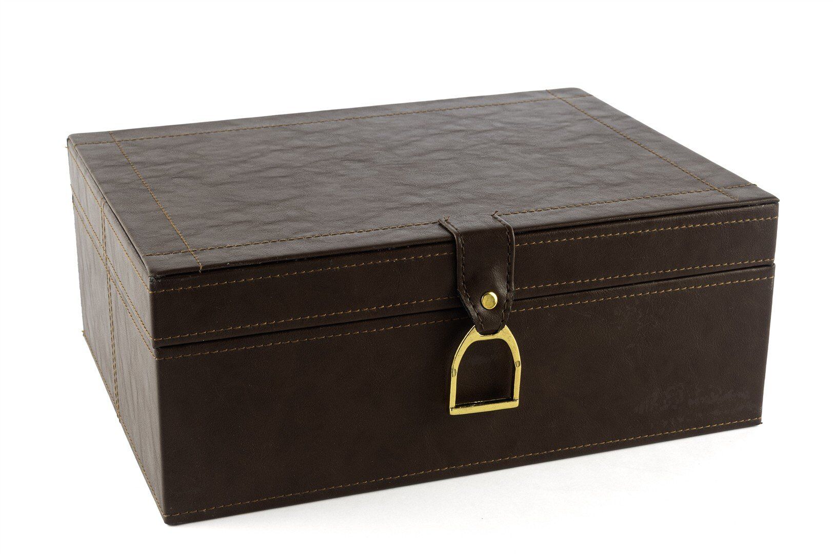 Kahve Gold Kulplu Deri Kutu 30x23x12cm - Kahverengi