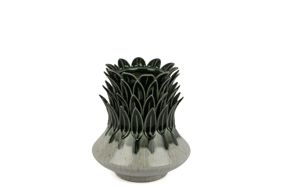Yeşil Yaprak Kabartmalı Vazo 23x27cm - Yeşil