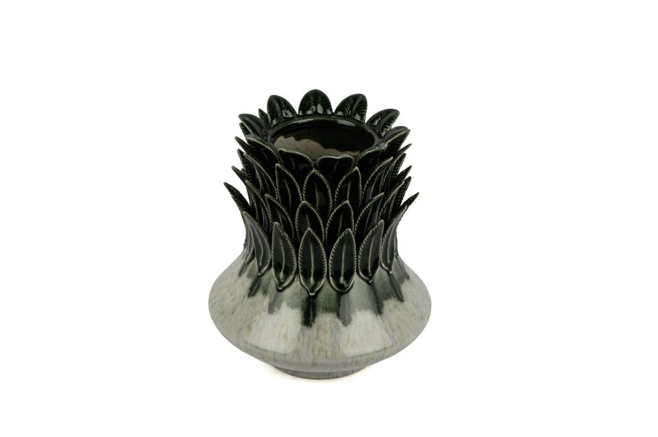 Yeşil Yaprak Kabartmalı Vazo 23x27cm - Yeşil