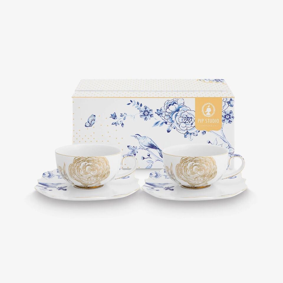 Royal White Mavi Beyaz Porselen İkili Çay Fincanı Seti 225ml