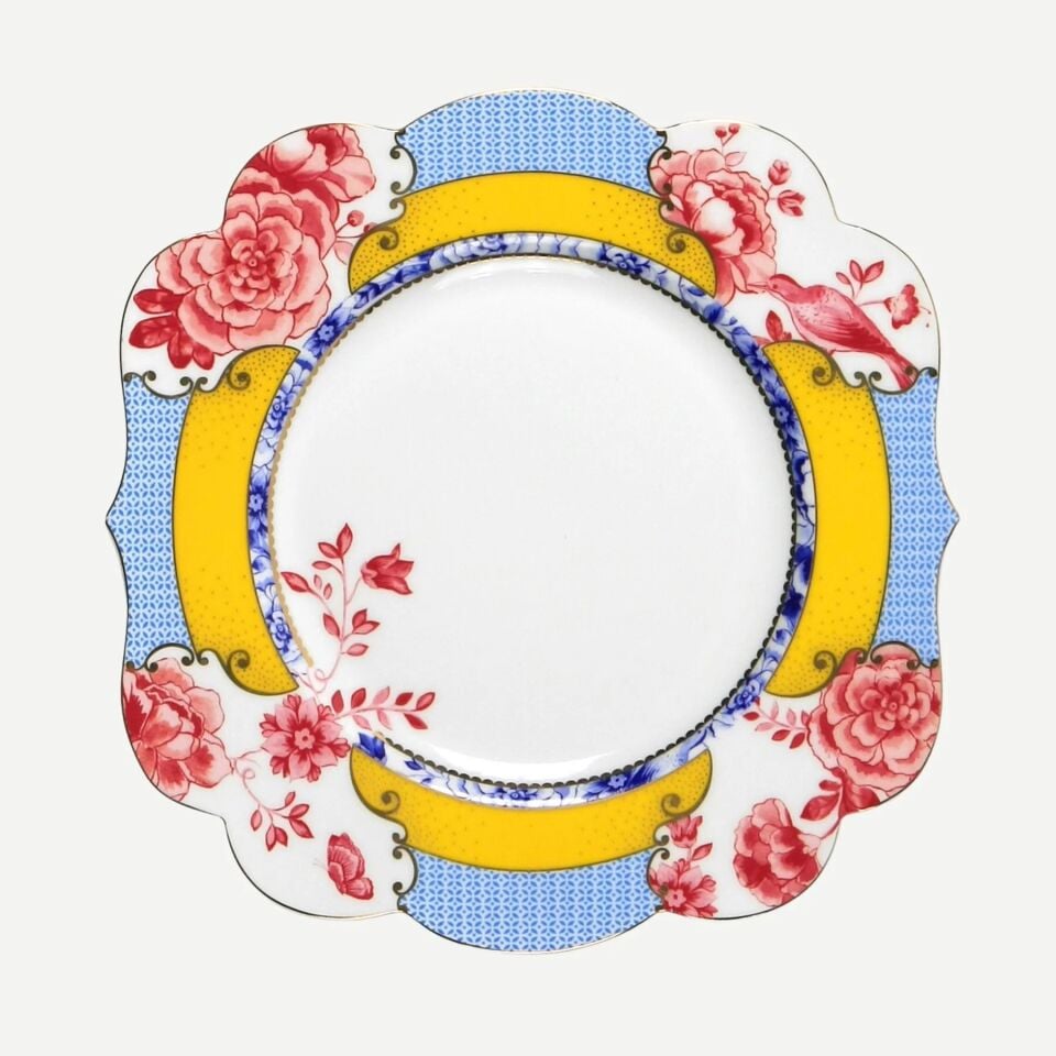 Royal Mavi / Sarı Çiçek Desenli Kahvaltı Tabağı Mavi - 23,5cm