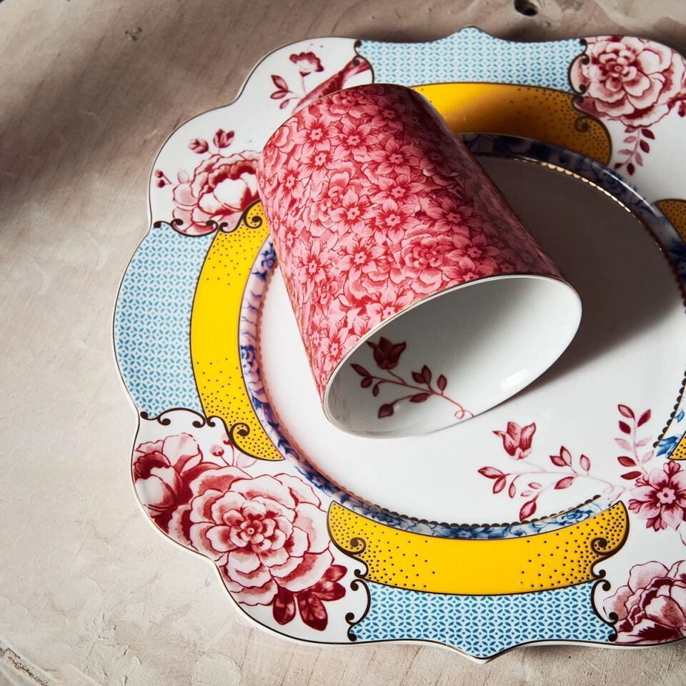 Royal Mavi / Sarı Çiçek Desenli Kahvaltı Tabağı Mavi - 23,5cm