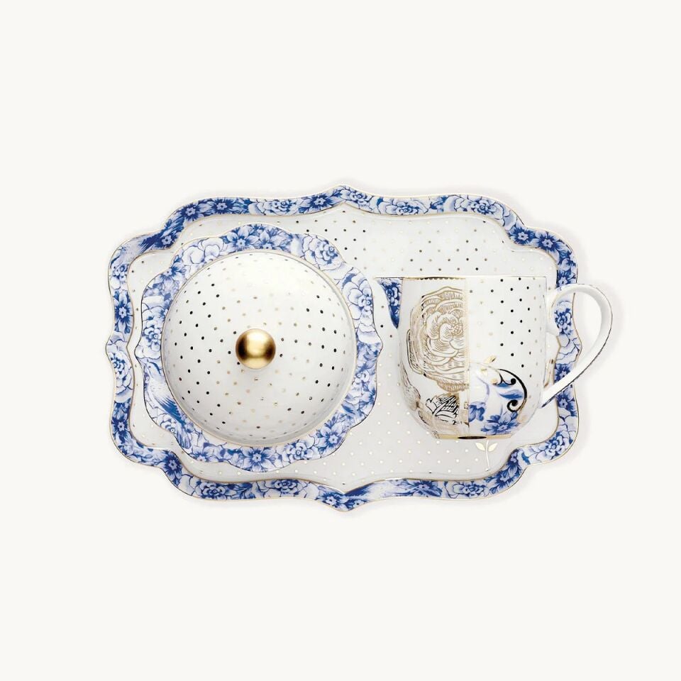 Royal Tepsi Çiçek Desenli Tepsi Mavi/Beyaz - 26cm