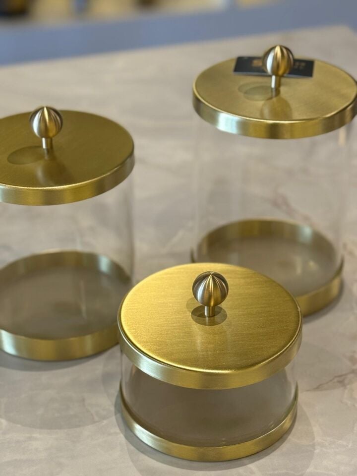 Pirinç Detay Pleksi 3'lü Kavanoz Seti Gold