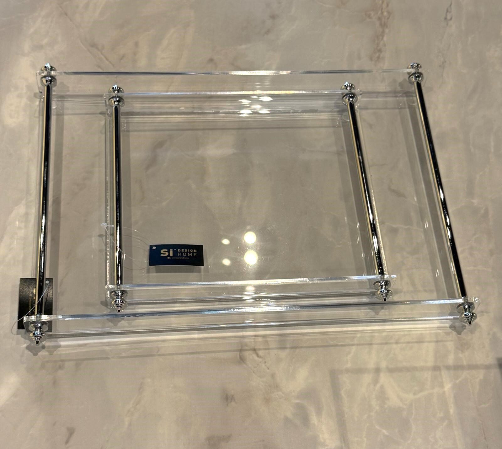 Pirinç Kulplu Pleksi Detay Tepsi Sivri Kulp 26x21cm - Silver