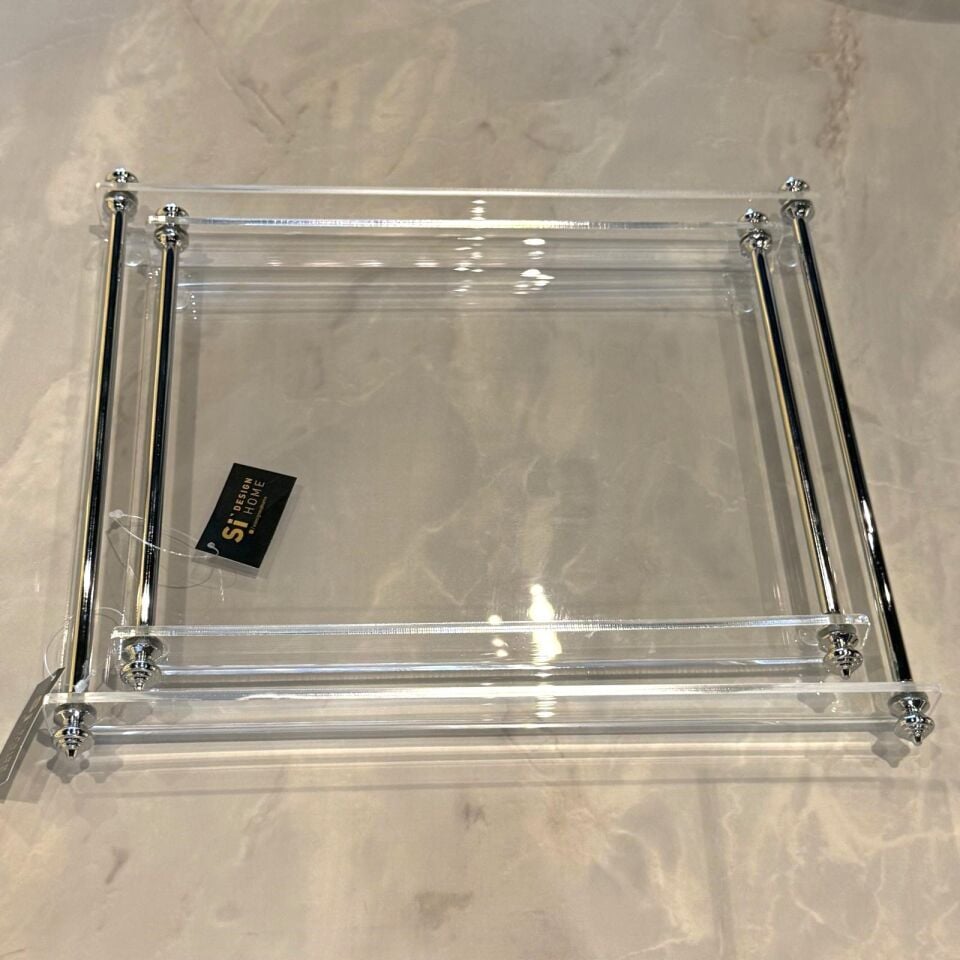 Pirinç Kulplu Pleksi Detay Tepsi Sivri Kulp 35x26cm - Silver