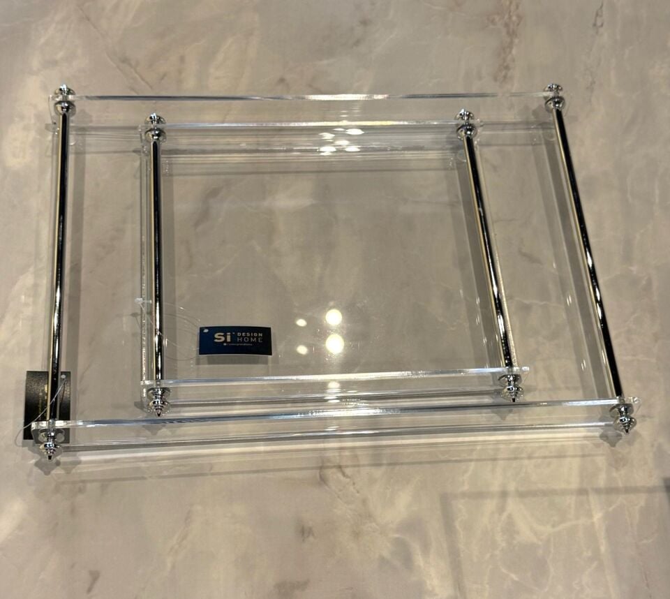 Pirinç Kulplu Pleksi Detay Tepsi Sivri Kulp 40x26cm - Silver
