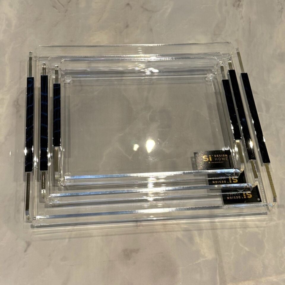 Pirinç Kulplu Pleksi Detay Tepsi U Kulp 23x18cm - Silver