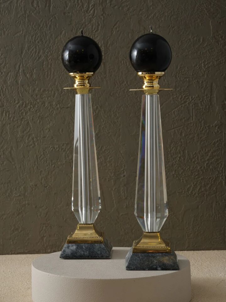 Mermer Kaideli Pirinç Ayaklı Uzun Cam Şamdan 35x10x10cm Antrasit / Gold