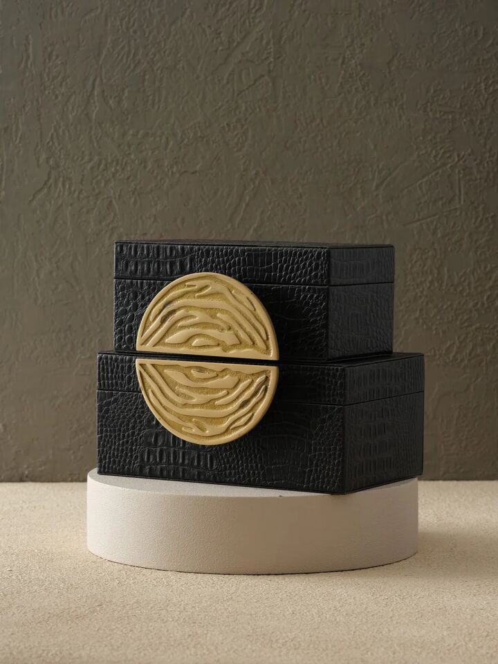 2'li Pirinç Yarım Ay Deri Kutu Siyah / Gold