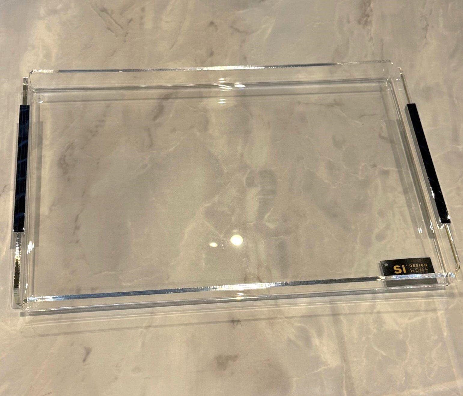 Pirinç Kulplu Pleksi Detay Tepsi U Kulp 40x26cm - Silver