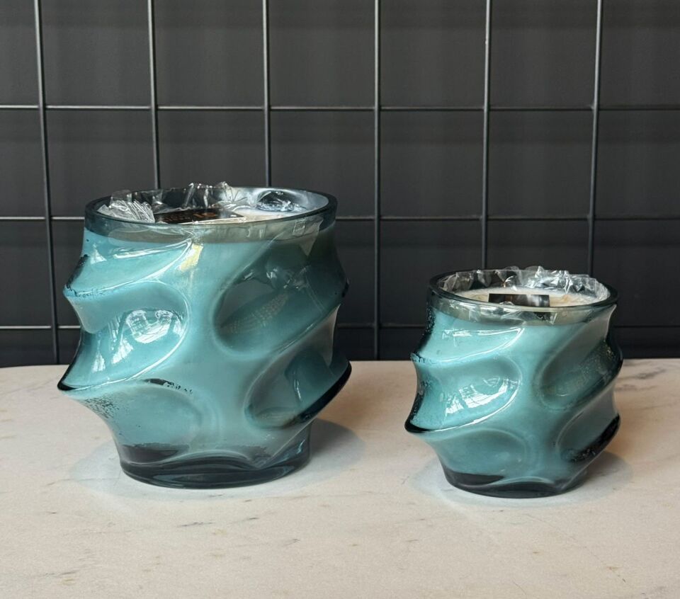 Fırtına (Dalga) Cam Mumluk 9,5x9cm - Mavi
