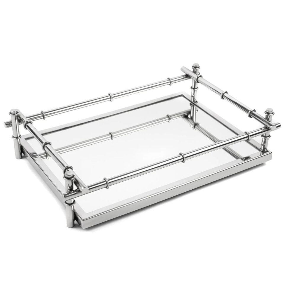 Gümüş Metal Dik Aynalı Tepsi Gümüş - 47x30x10cm