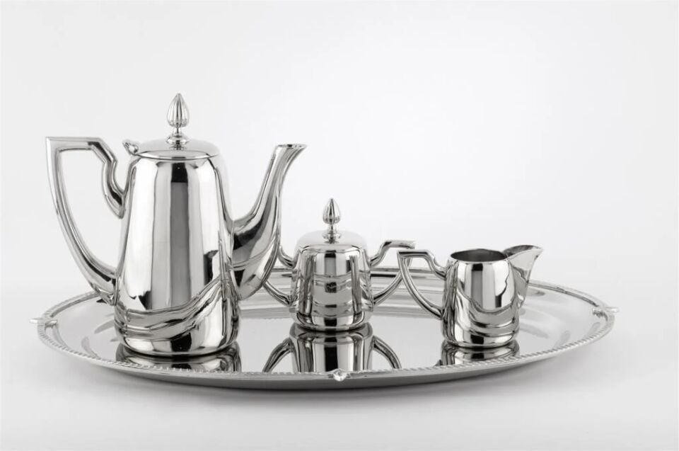 Gümüş Tepsili Kahve Sütlük Şekerlik Seti 51x35x21cm