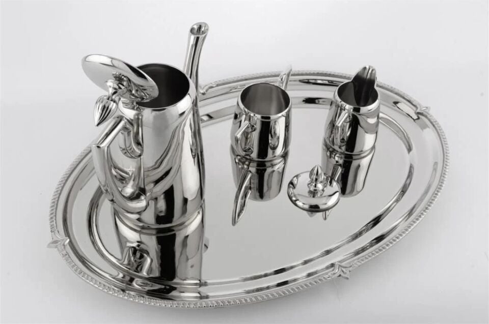 Gümüş Tepsili Kahve Sütlük Şekerlik Seti 51x35x21cm