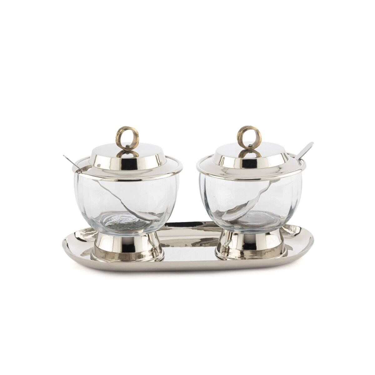 Gümüş Tepsili Kap 2'li Baharatlık / Çerezlik 26x12x14cm