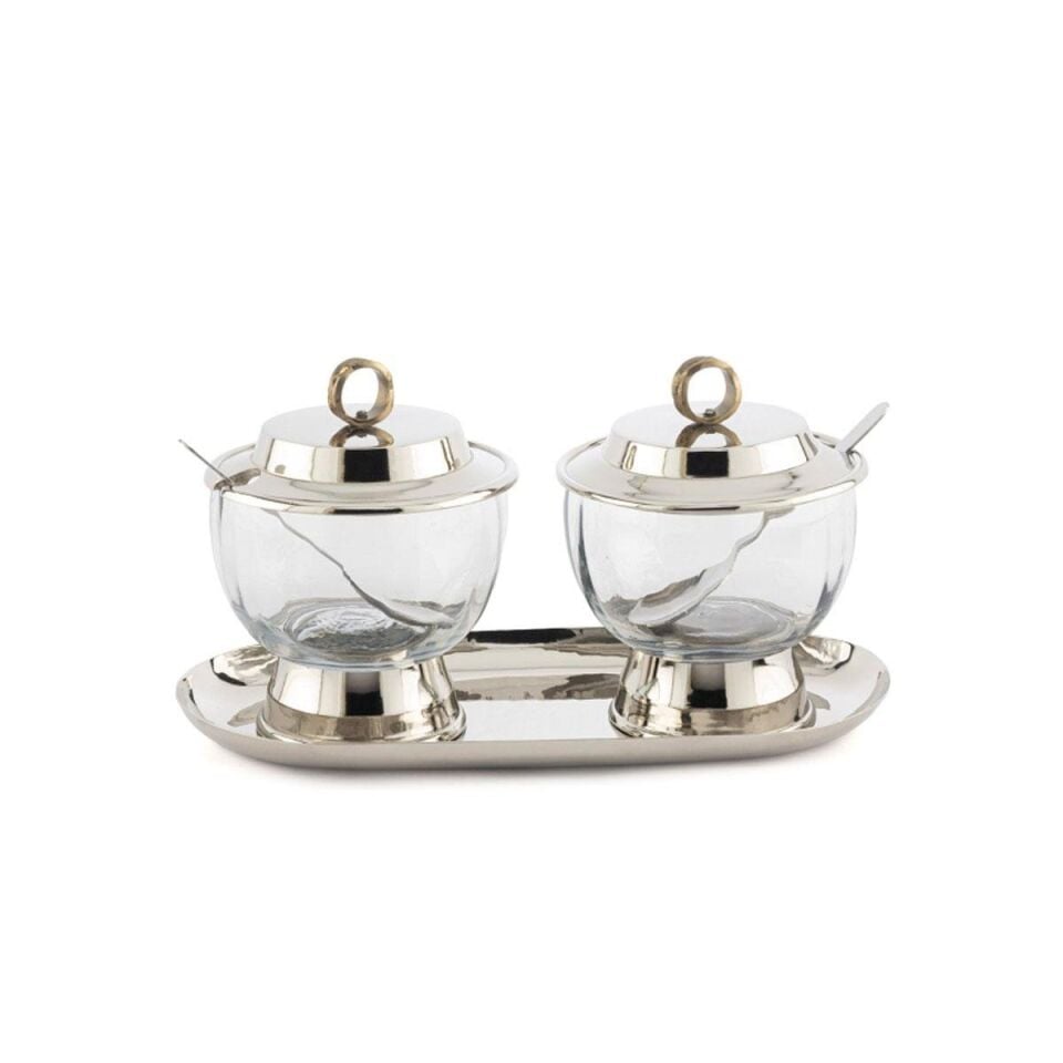 Gümüş Tepsili Kap 2'li Baharatlık / Çerezlik 26x12x14cm