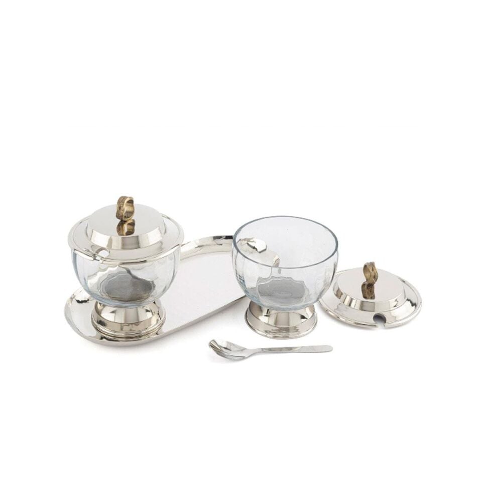 Gümüş Tepsili Kap 2'li Baharatlık / Çerezlik 26x12x14cm