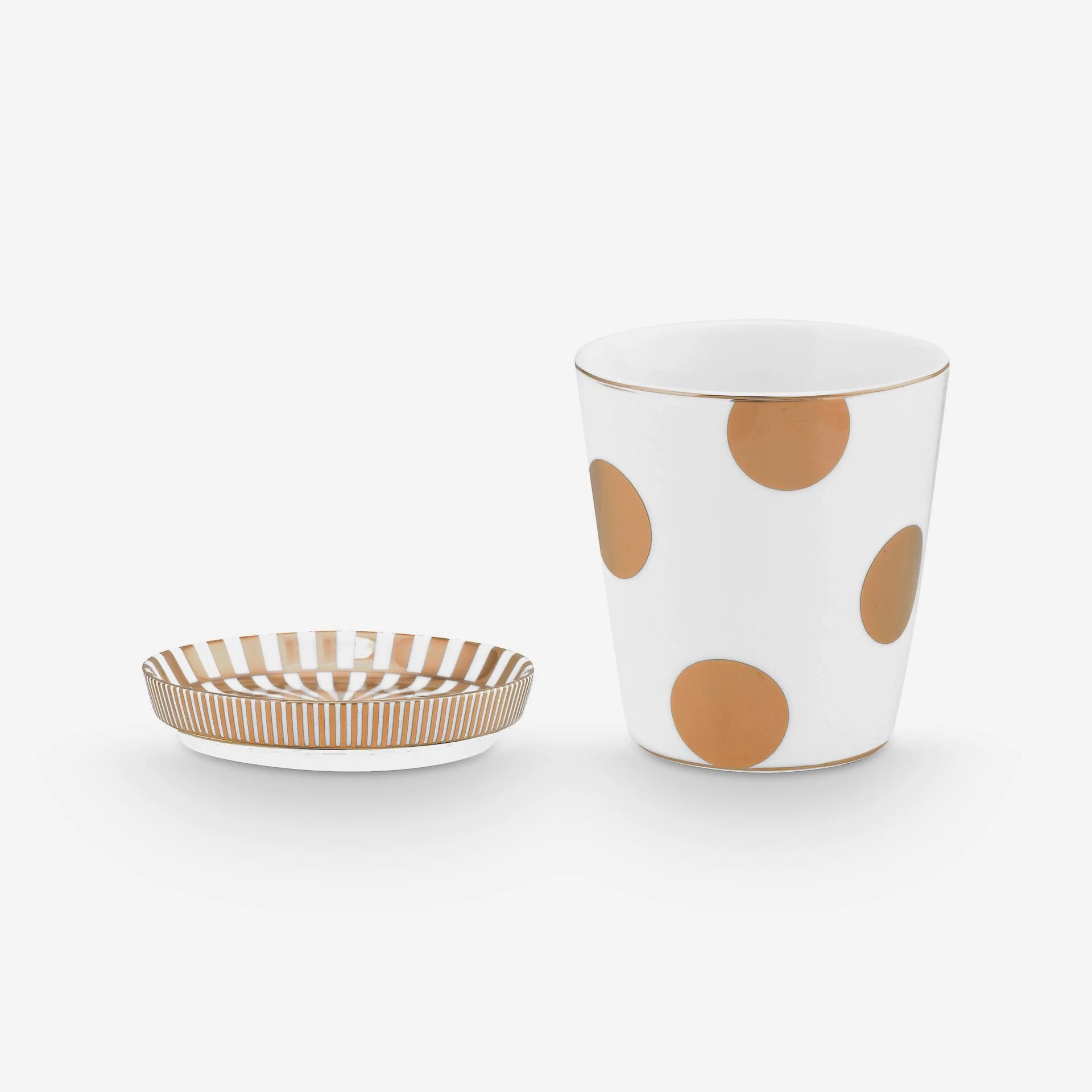 Dot Delight  Altın / Beyaz Kulpsuz  Mug & Çay Tabağı Seti