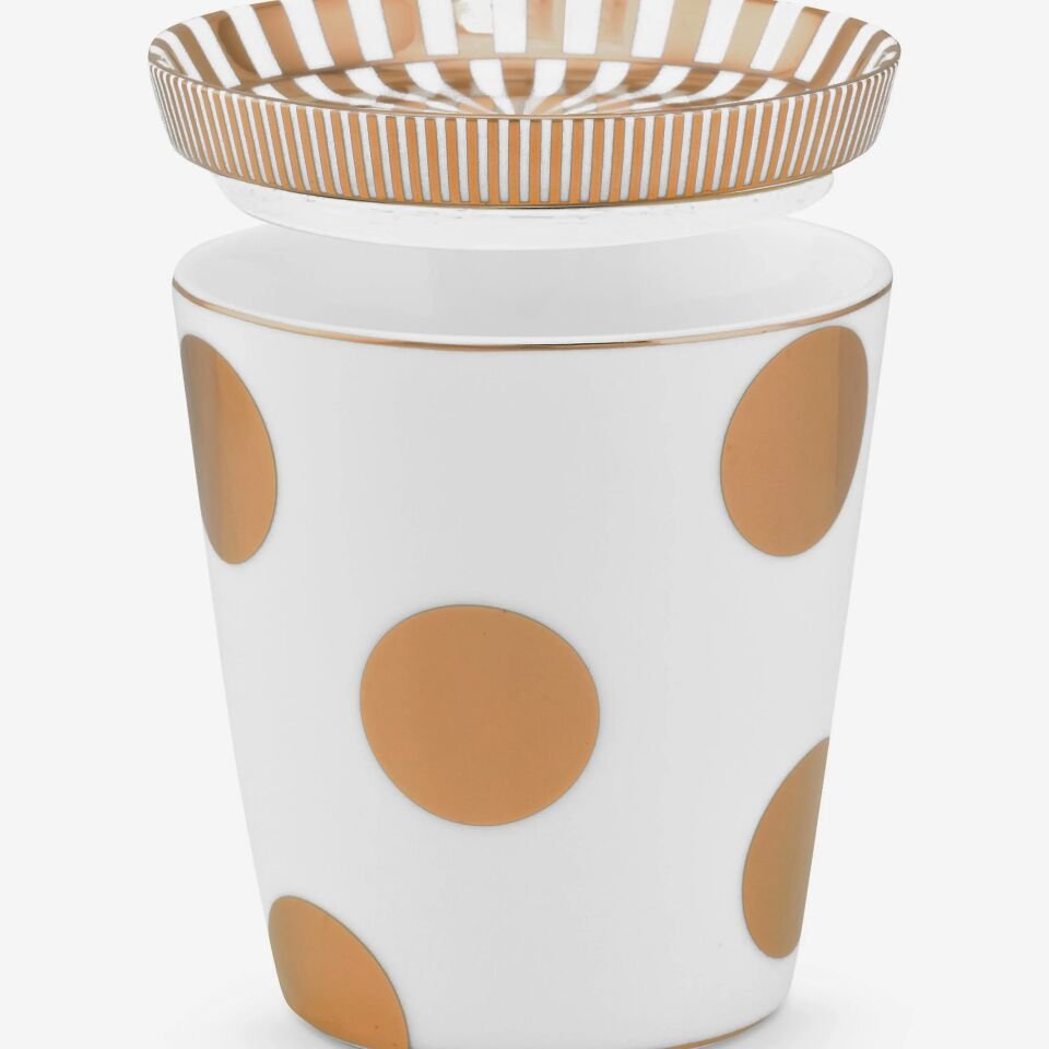 Dot Delight  Altın / Beyaz Kulpsuz  Mug & Çay Tabağı Seti