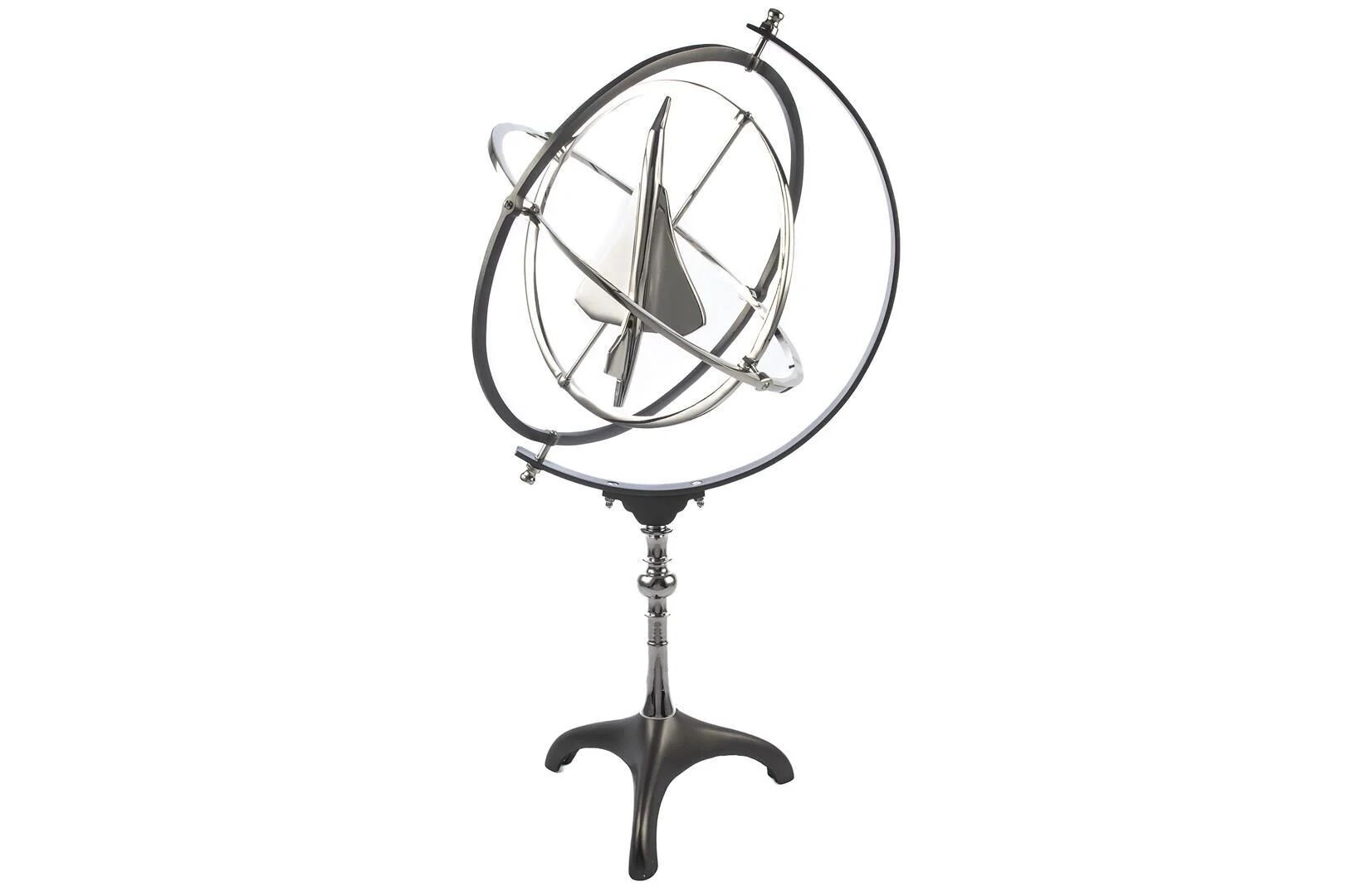 Gümüş Siyah Kürede Uçak Obje 45x40x82cm