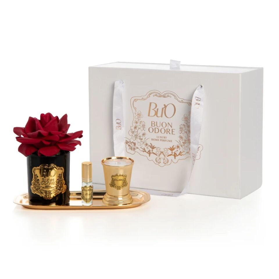 Siyah Cam Gold Pirinç Mum ve Gül Set Luxury Home Perfume