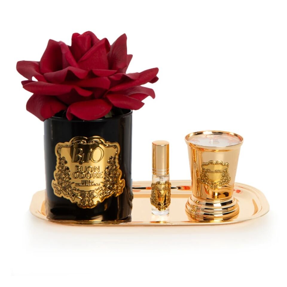 Siyah Cam Gold Pirinç Mum ve Gül Set Luxury Home Perfume