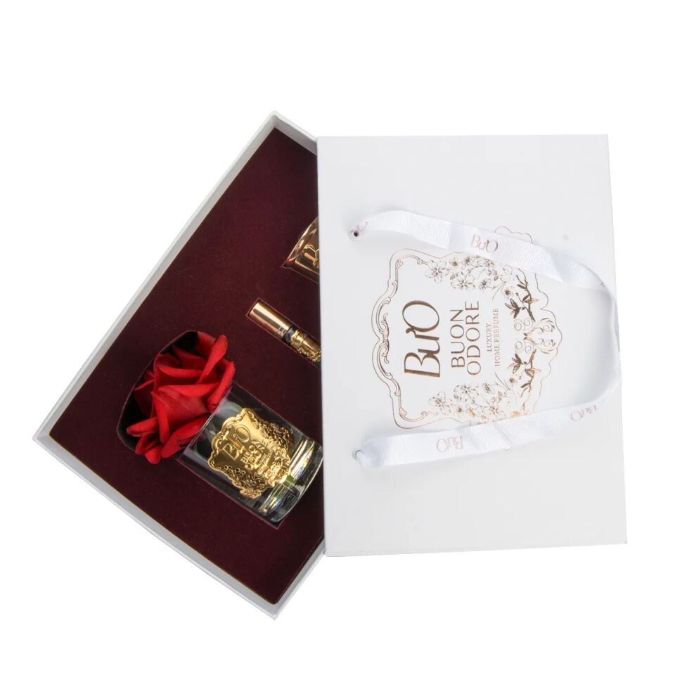 Siyah Cam Gold Pirinç Mum ve Gül Set Luxury Home Perfume Kırmızı