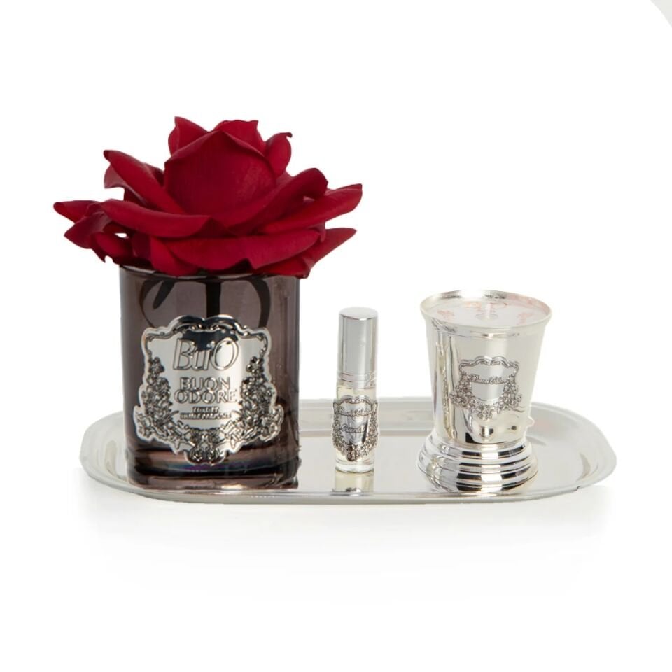 Füme Cam Silver Pirinç Mum ve Gül Set Luxury Home Perfume Bordo