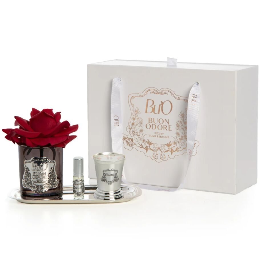 Füme Cam Silver Pirinç Mum ve Gül Set Luxury Home Perfume Bordo