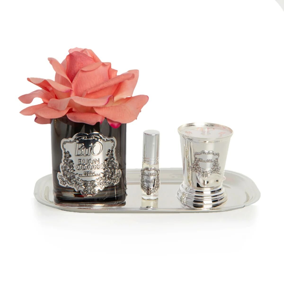 Füme Cam Silver Pirinç Mum ve Gül Set Luxury Home Perfume Mercan