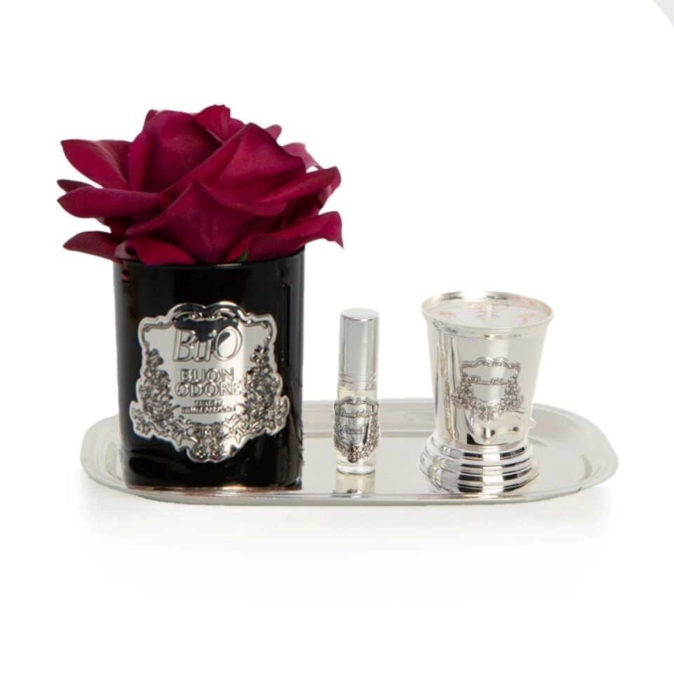 Siyah Silver Pirinç Mum ve Gül Set Luxury Home Perfume Bordo