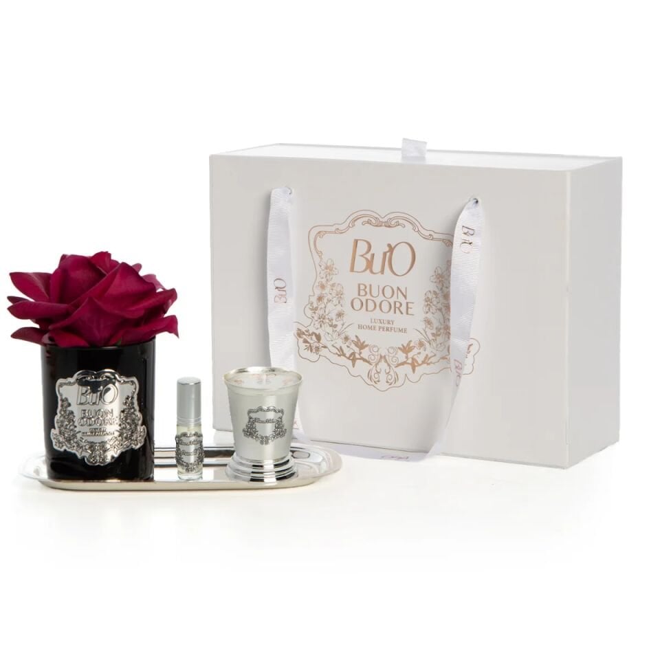 Siyah Silver Pirinç Mum ve Gül Set Luxury Home Perfume Bordo