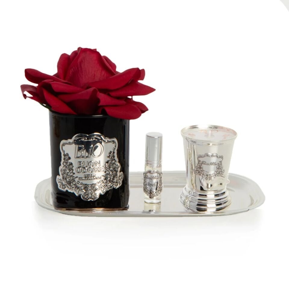 Siyah Silver Pirinç Mum ve Gül Set Luxury Home Perfume Kırmızı