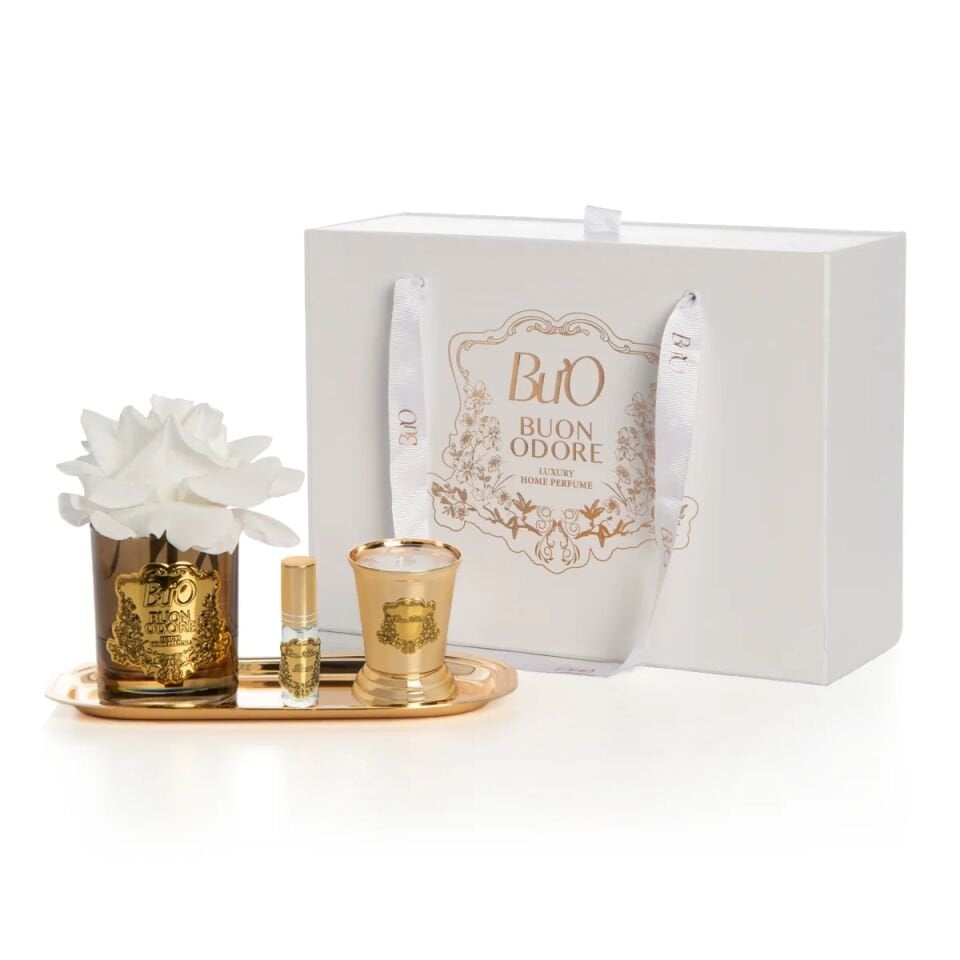 Amber Cam Gold Pirinç Mum ve Gül Set Luxury Home Perfume