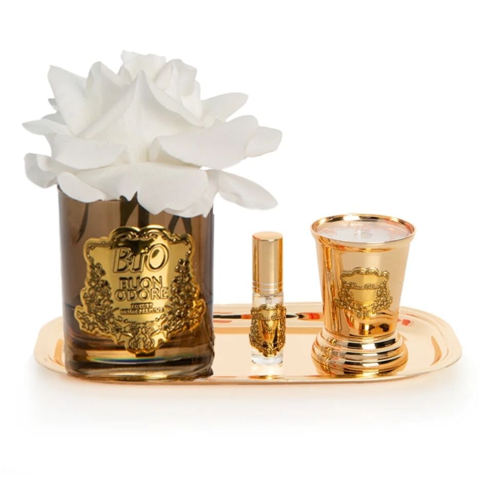 Amber Cam Gold Pirinç Mum ve Gül Set Luxury Home Perfume