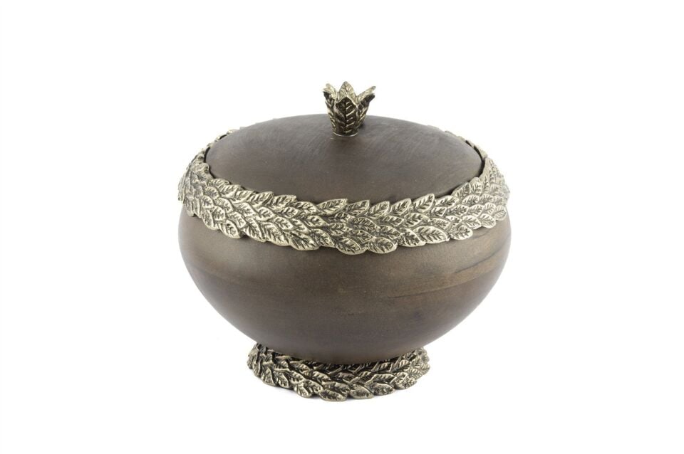 Antik Gold Yapraklı Kapaklı Ahşap Kutu 22x20cm