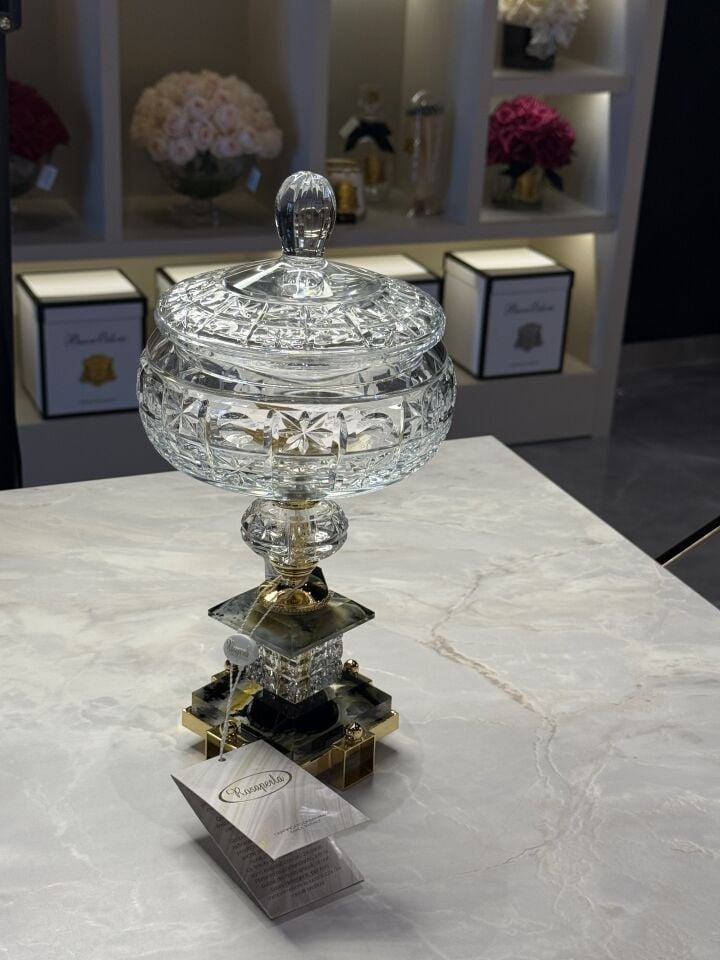 Kapaklı Gold  Ayaklı Kristal Dekor Kase  15x15x32cm