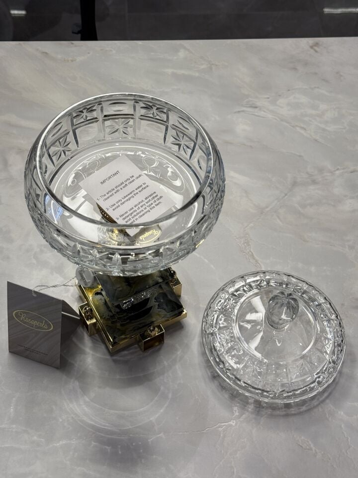 Kapaklı Gold  Ayaklı Kristal Dekor Kase  15x15x32cm