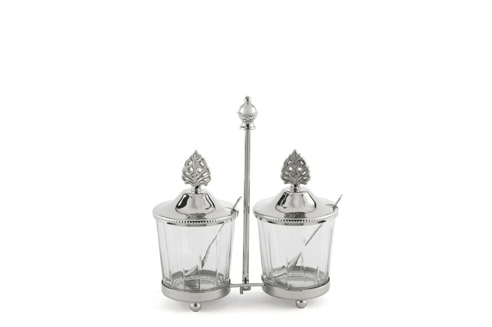 Gümüş Standlı Kapaklı 2'li Cam Baharatlık 17x7x19cm