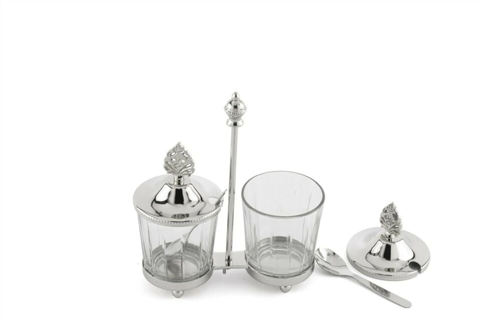 Gümüş Standlı Kapaklı 2'li Cam Baharatlık 17x7x19cm