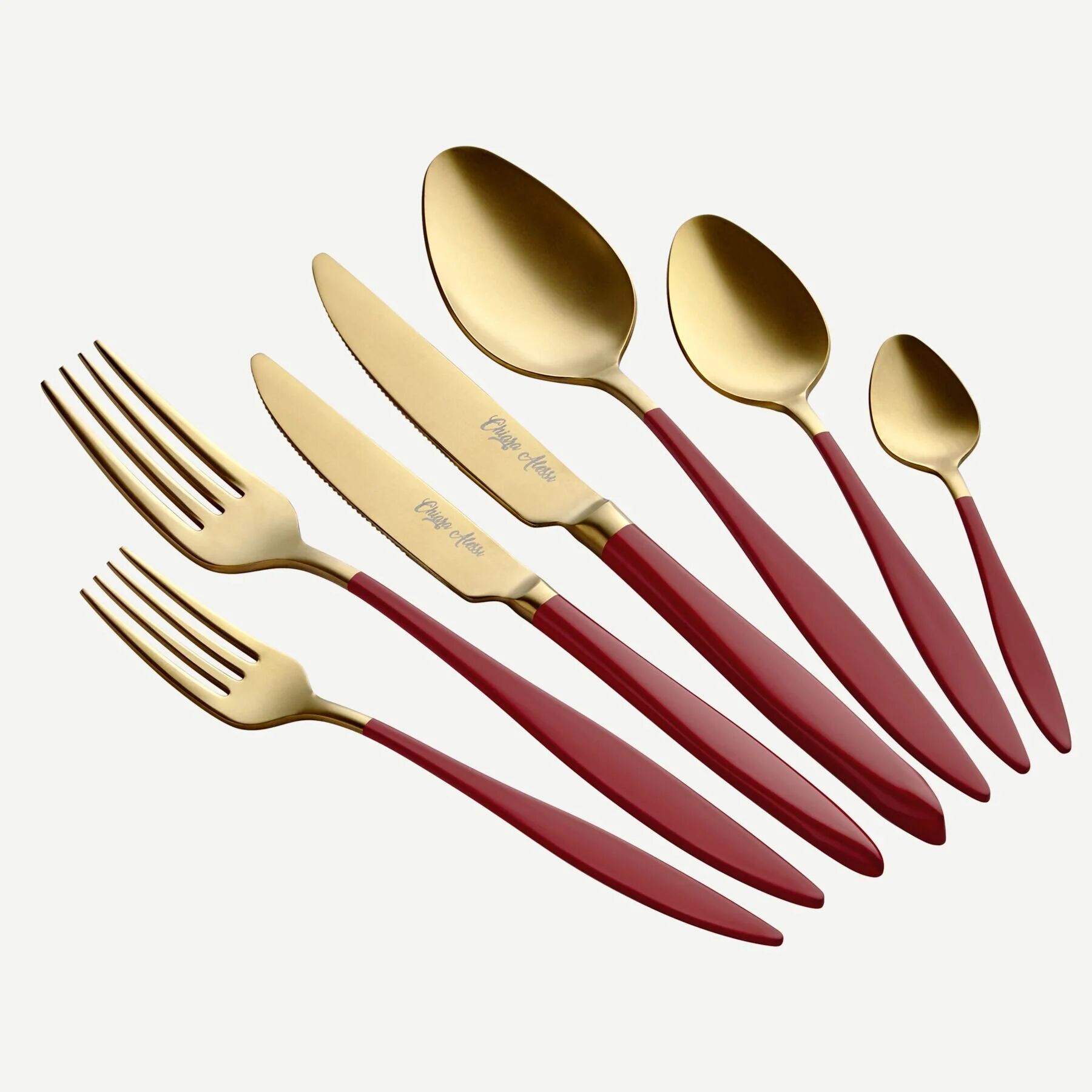 DUNA 42 PARÇA KIRMIZI SAPLI  MAT GOLD ÇATAL KAŞIK BIÇAK TAKIMI