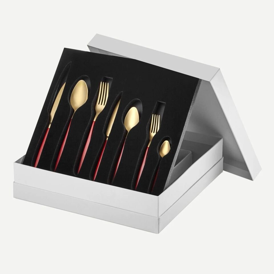 DUNA 42 PARÇA KIRMIZI SAPLI  MAT GOLD ÇATAL KAŞIK BIÇAK TAKIMI