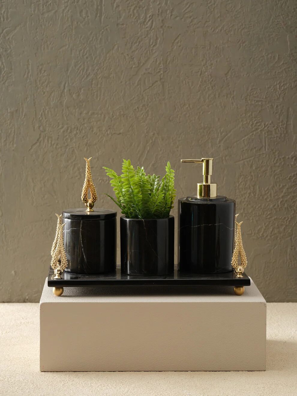 Sümbül Banyo Seti Siyah / Gold - 12x15x30cm