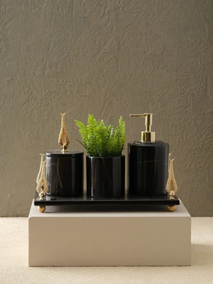 Sümbül Banyo Seti Siyah / Gold - 12x15x30cm