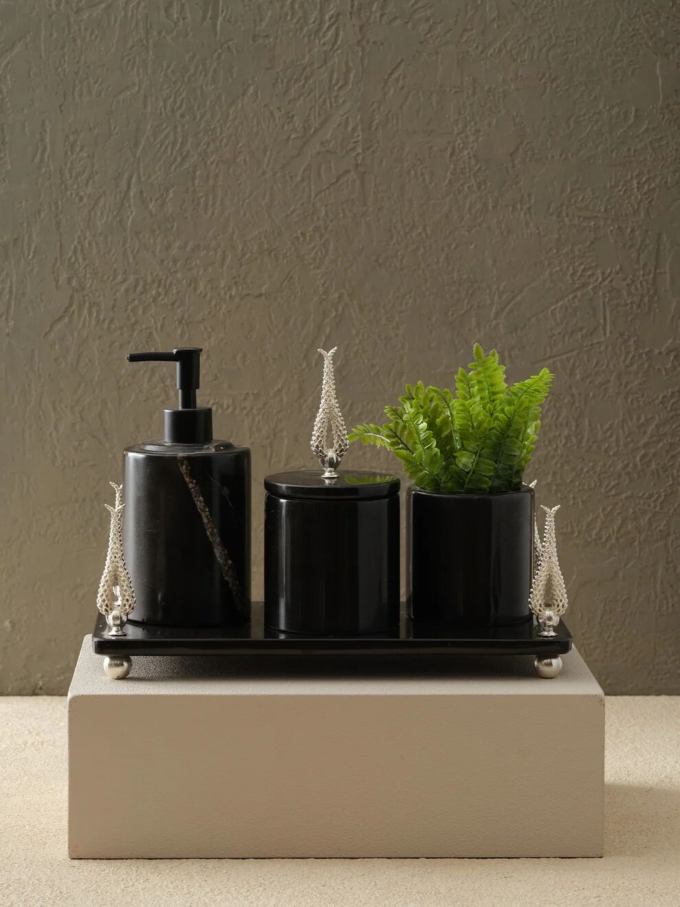 Sümbül Banyo Seti Siyah / Gümüş - 12x15x30cm