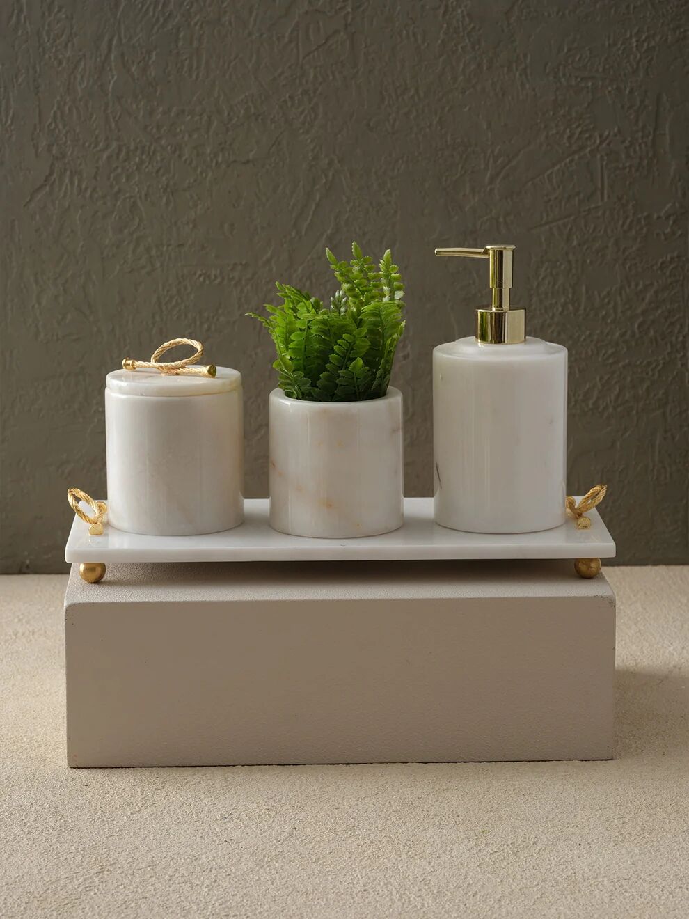 Halatlı Banyo Seti Beyaz / Gold - 12x15x30cm