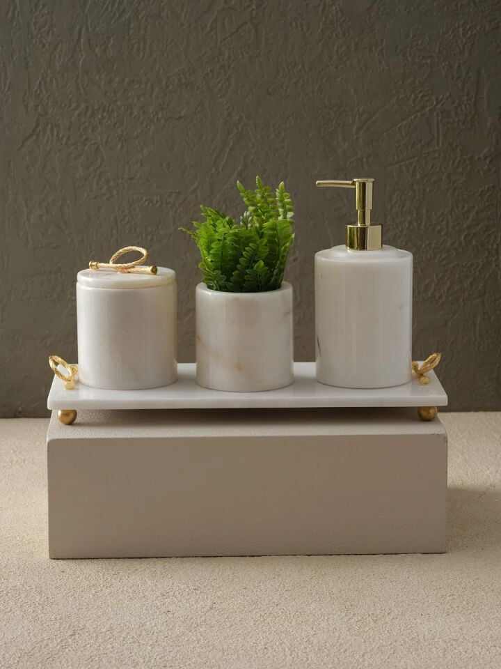 Halatlı Banyo Seti Beyaz / Gold - 12x15x30cm