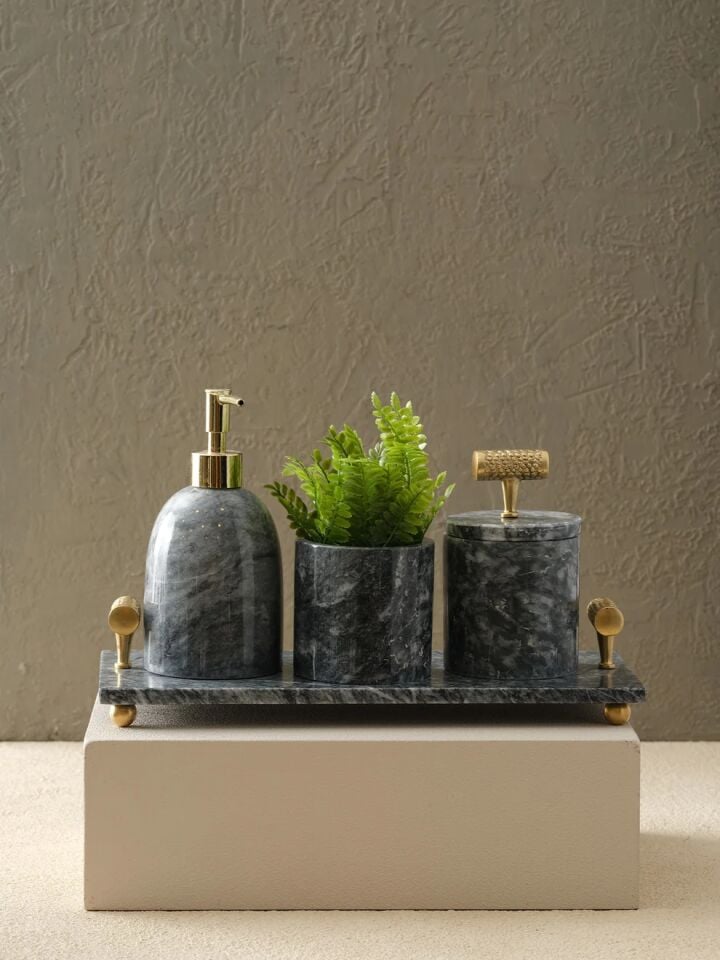 Tokmaklı Banyo Seti Antrasit / Gold - 12x15x30cm